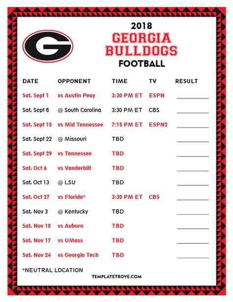 georgia bulldogs football schedule printable